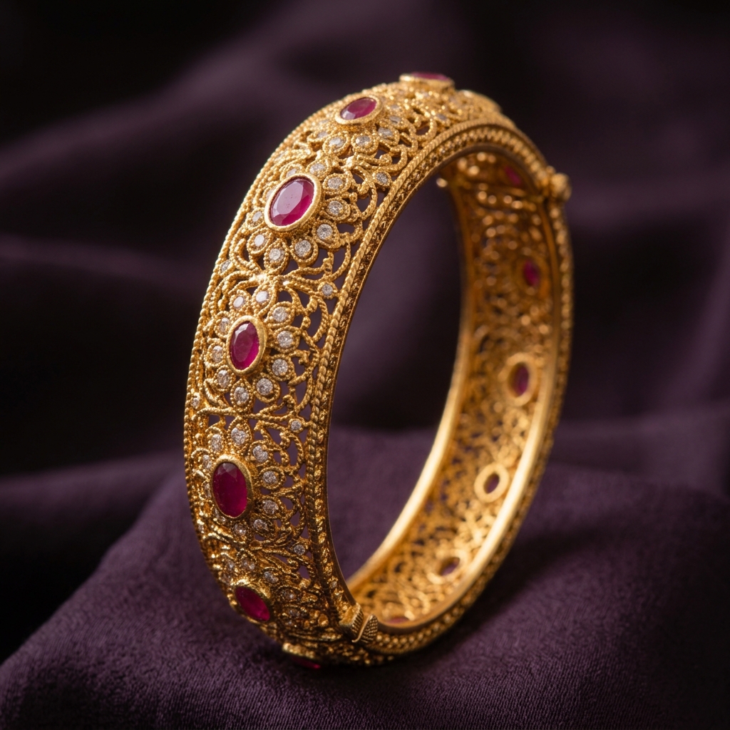 Wide antique gold bangle with filigree work and ruby stones