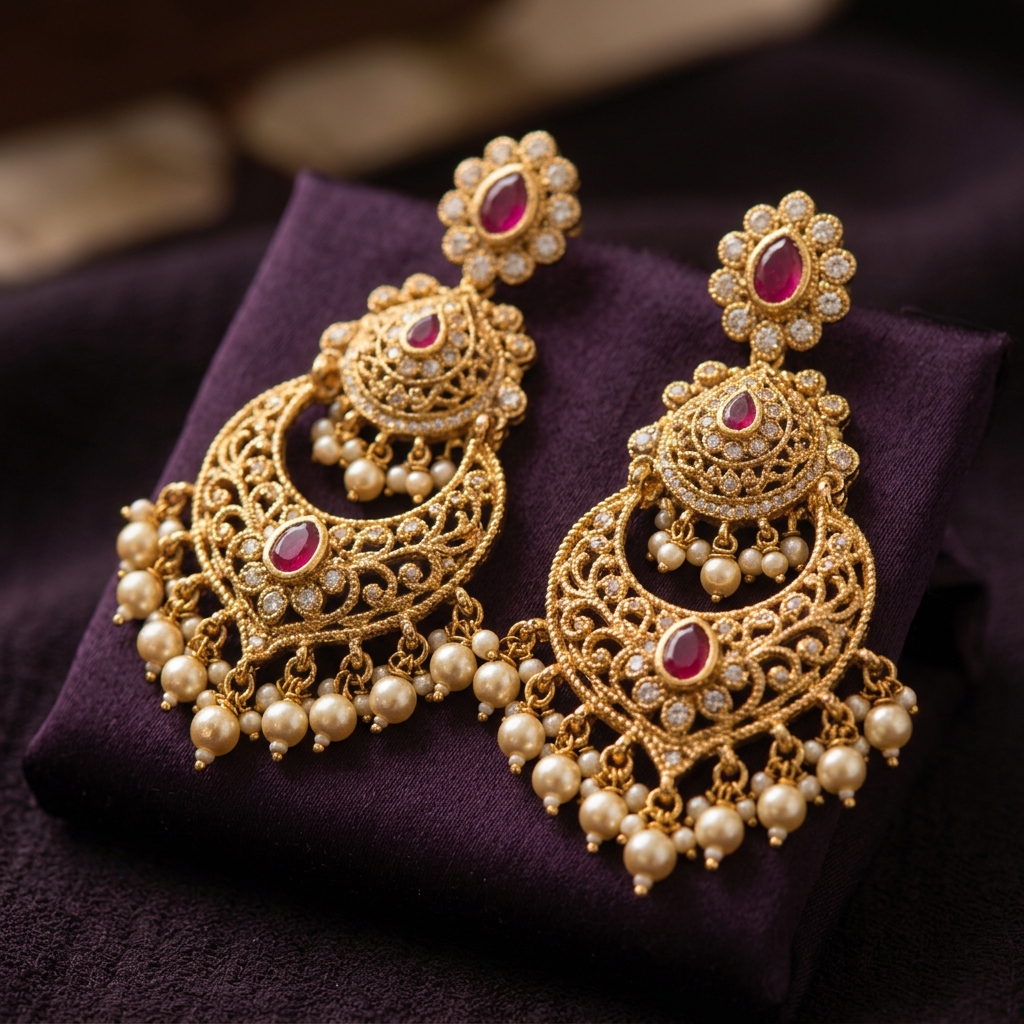 Pair of gold chandbali earrings with ruby stones and pearl drops