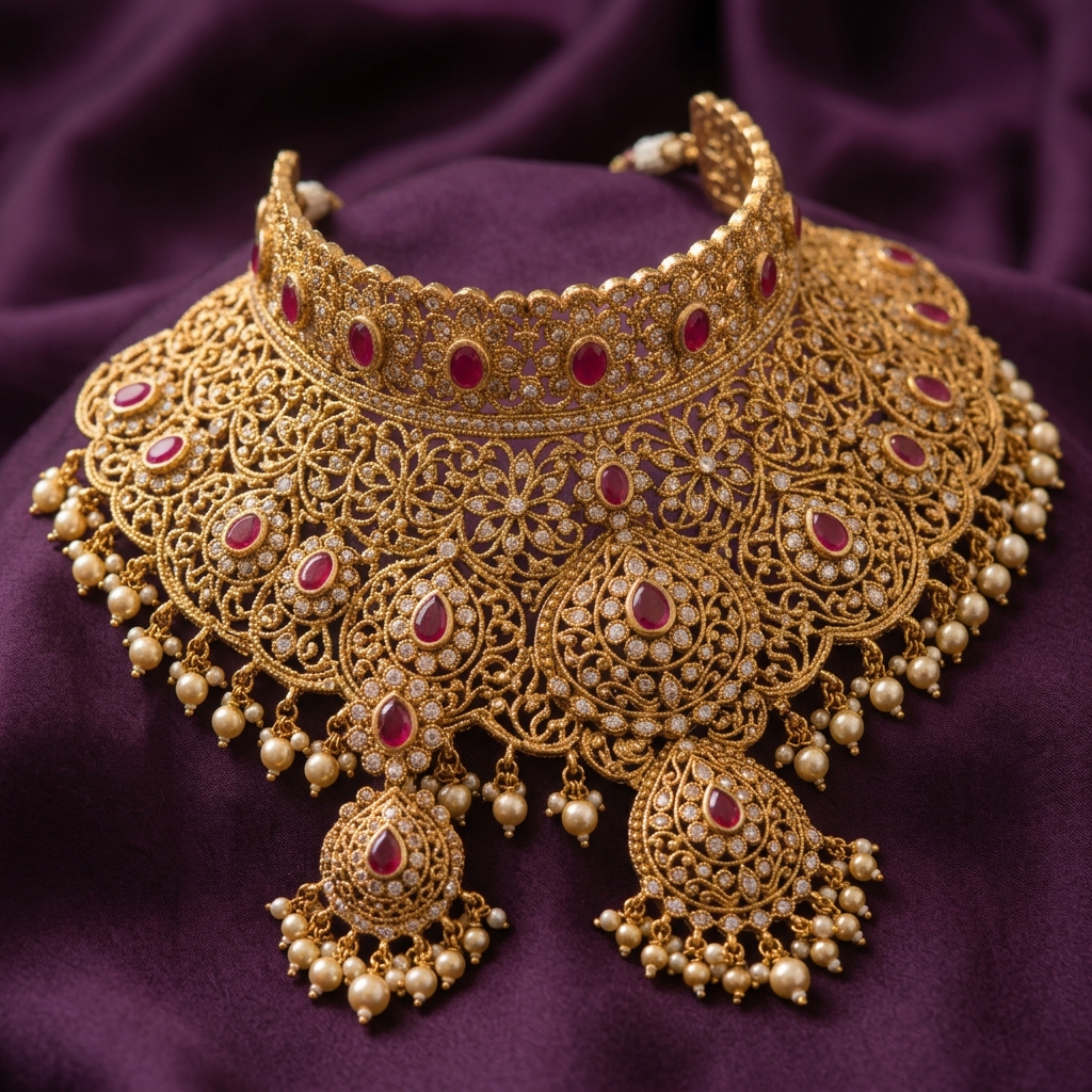 Grand scalloped antique gold choker necklace with ruby stones and pearl fringe