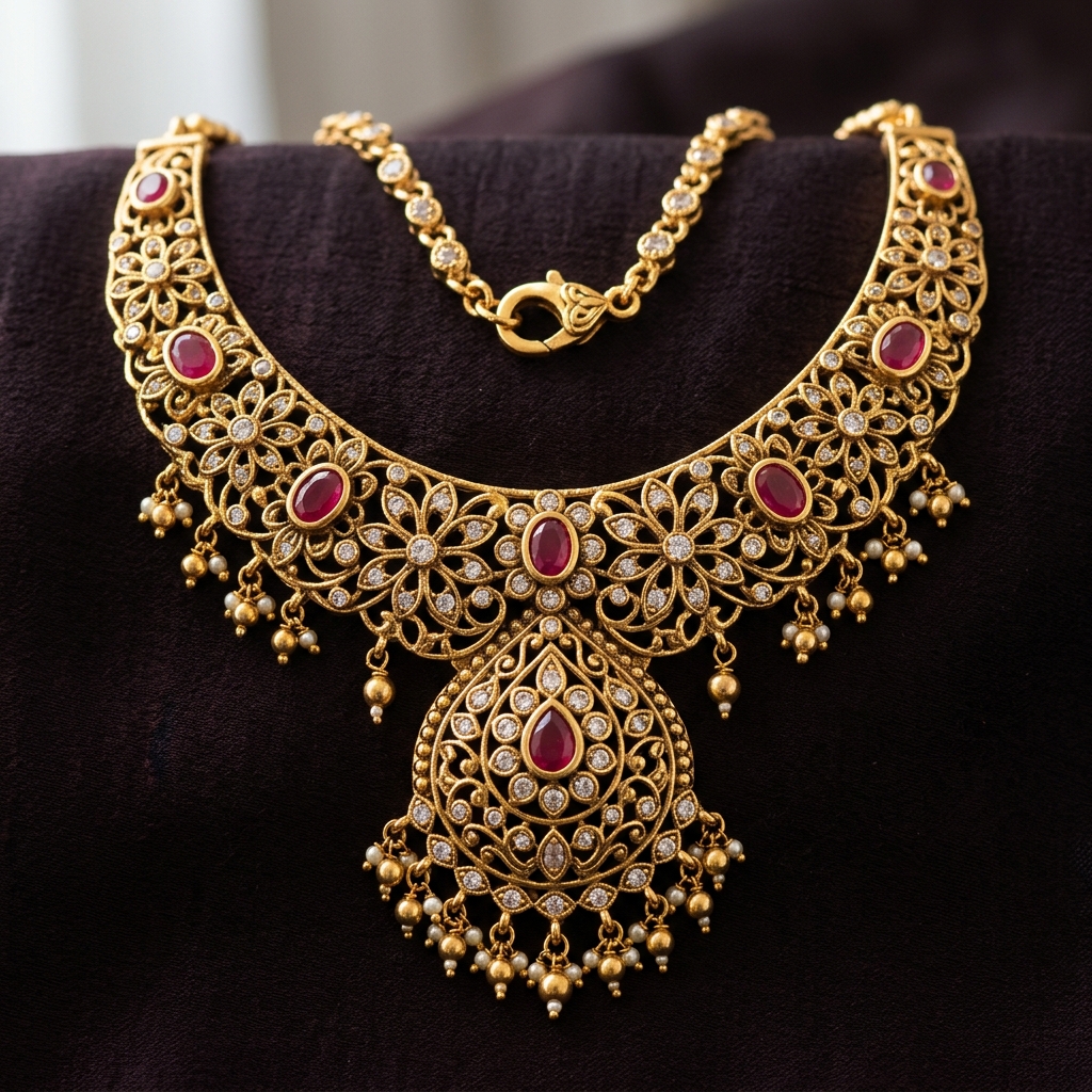 Antique gold collar necklace with floral filigree and ruby stones on dark velvet