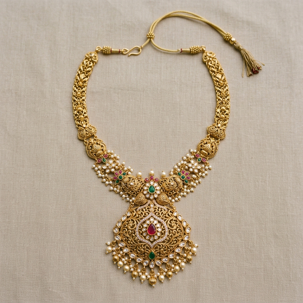 Antique gold tasselled necklace with ornate pendant, ruby and emerald stonework and pearl drops