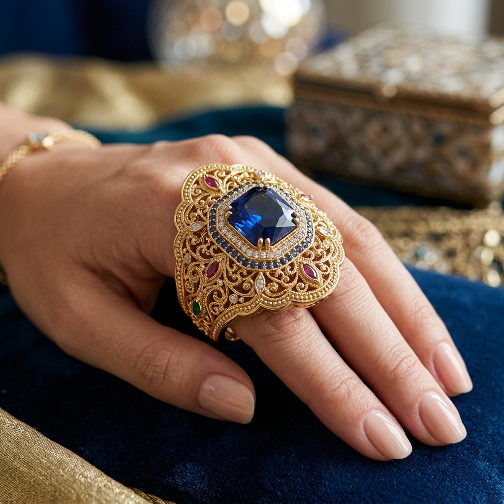 Statement gold ring with large sapphire centre stone, ruby accents and filigree band, worn on hand