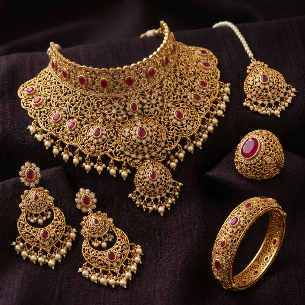 Full antique gold bridal set with choker necklace, chandbali earrings, bangle, ring and maang tikka, set with ruby and pearl