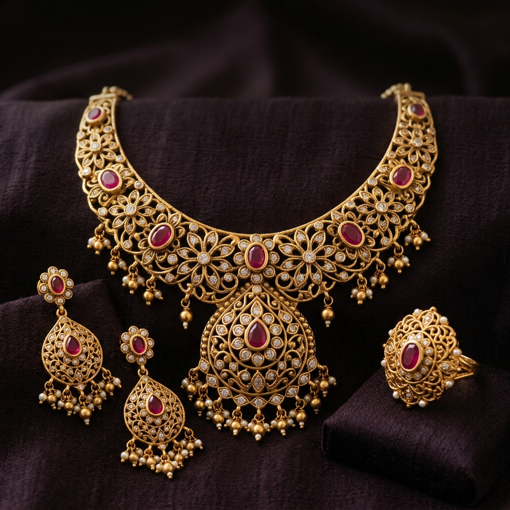 Matching antique gold necklace, earring and ring set with ruby stonework and pearl drops