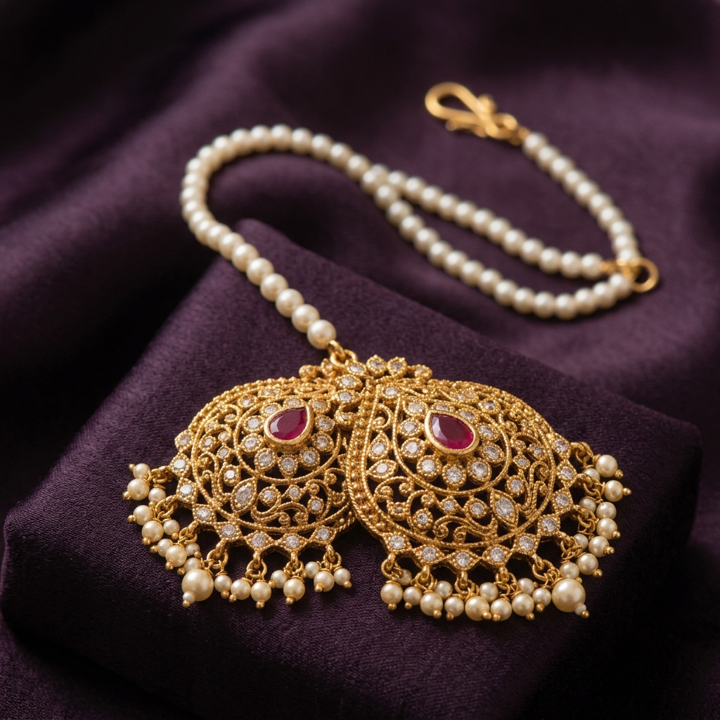 Antique gold maang tikka with ruby stone and pearl chain